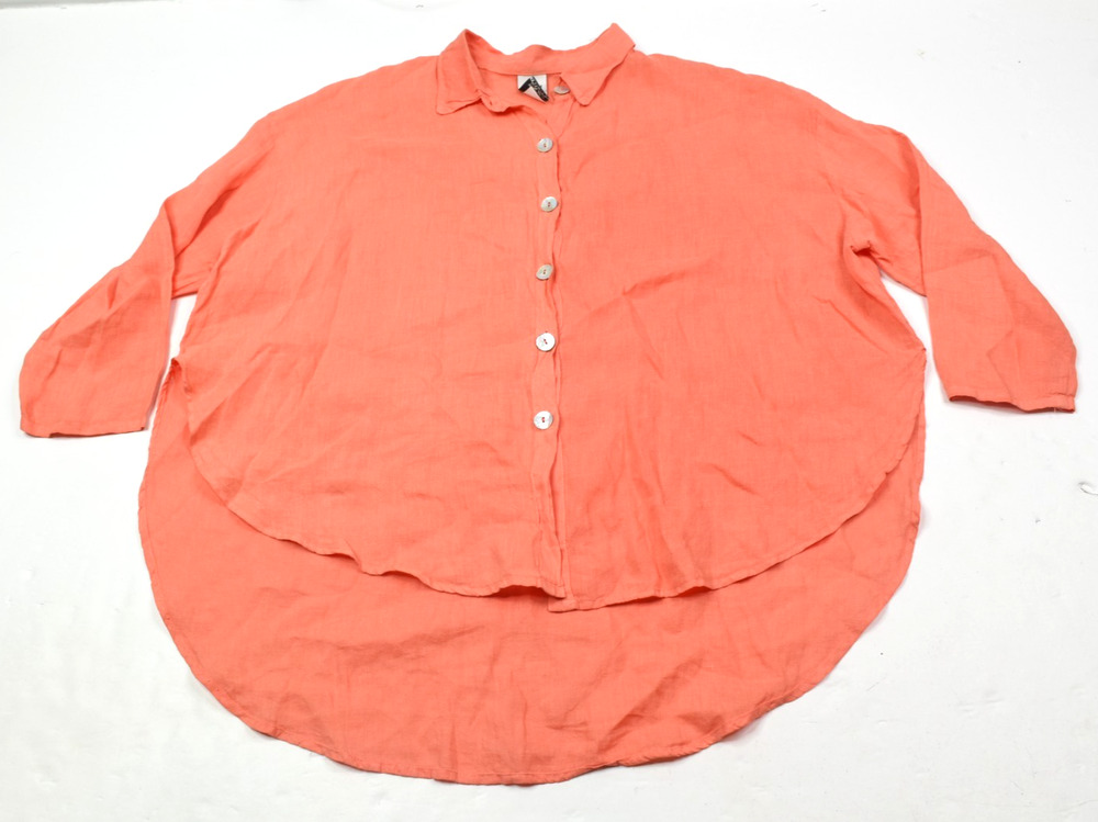 Match Point Linen Top Womens Small Coral Orange Button-Up Half Sleeve Hi-Lo